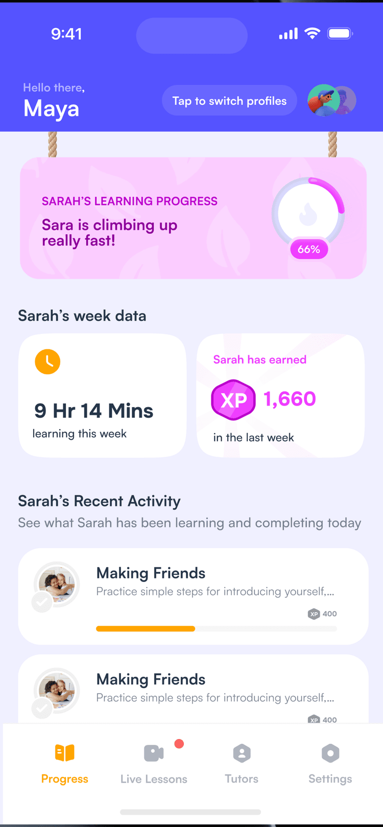 Elowen app - Maya's learning progress dashboard